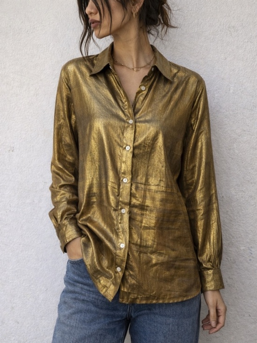 Current Air Gold Metallic Foil Button Down Shirt Blouse Small NWT Long Sleeve